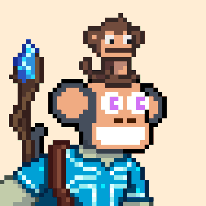 A pixel art image shows a monkey wearing a tan backpack, holding a staff topped with a blue crystal, with the eyes on the backpack appearing as the letter 'C'.