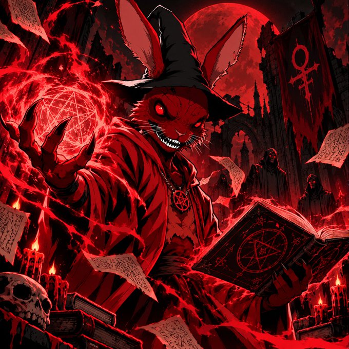 A dark fantasy illustration of an anthropomorphic rabbit dressed as a wizard, holding an open occult tome and conjuring a glowing red pentagram, with hooded figures in the background.