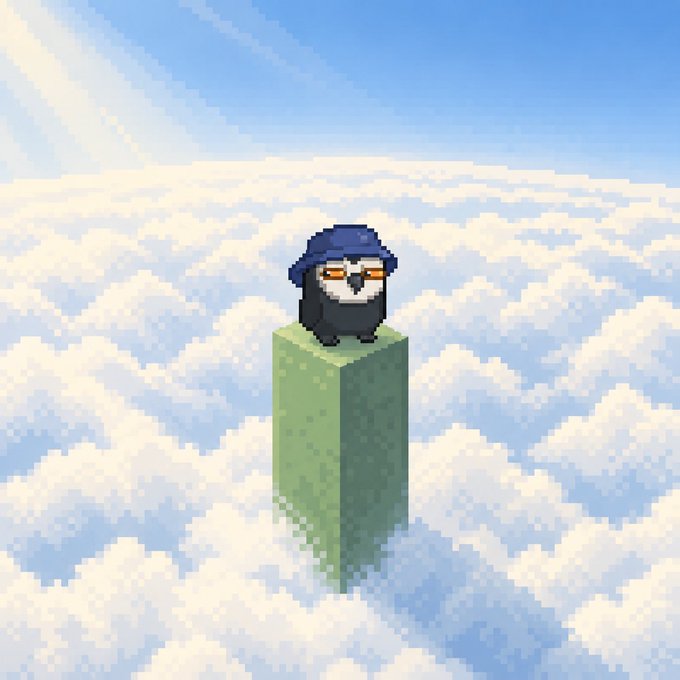 Pixel art shows a small black bird-like creature wearing a blue cap, standing atop a floating green pillar high above a sea of white clouds under a sunny sky.