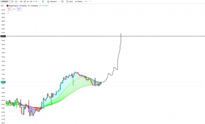 A HYPERLIQUID candlestick chart for USD showing a sharp upward spike in price with a 1-hour timeframe.