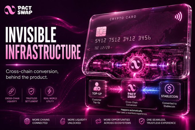 A promotional graphic for Pact Swap features a stylized crypto card with the headline 'INVISIBLE INFRASTRUCTURE' and tagline 'Cross-chain conversion, behind the product,' highlighting features like cross-chain liquidity and trustless settlement.