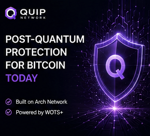 The image features a purple shield with a Q symbol at its center, which is part of an advertisement for Quip Network. The text "Post-Quantum Protection for Bitcoin Today" is displayed below the shield, indicating that Quip Network has developed a solution specifically designed for Bitcoin users to protect their digital assets from potential threats and ensure secure transactions.