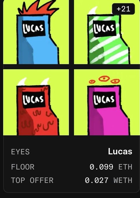 An NFT marketplace listing showing four 'Lucas' character variants with different designs (blue with flames, green striped, red devil, and pink with eyes), priced at a floor of 0.099 ETH with a top offer of 0.027 WETH.