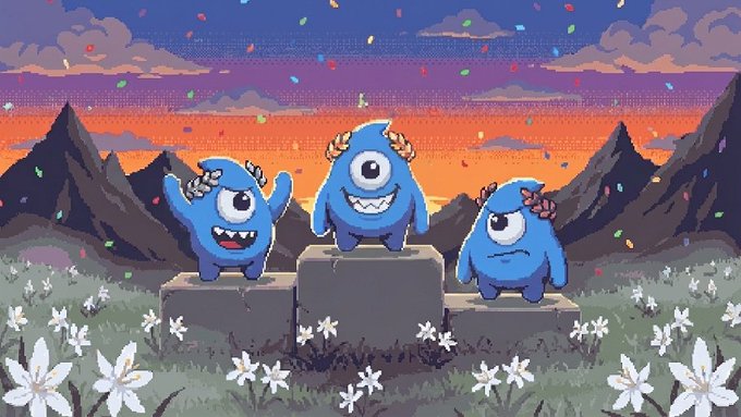 The image features a cartoon-like scene with three blue monsters standing on top of blocks, each wearing white flowers around their necks. The background shows mountains and clouds, creating a captivating atmosphere that resembles a post on social media. The caption below the image reads "Asphodel Prologue Playtest Rewards, Part Two: In-Game Prizes This is the big one. For the core competition of the @asph0d37 playtesting, we had 5 prizes, for a total of $2222 USDC in rewards."