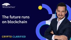 This image is a promotional thumbnail for the "Crypto Clarified" podcast, featuring the slogan "The future runs on blockchain," alongside WisdomTree's logo and a photo of guest Sandro Knöpfel, who appears to discuss how embedded blockchain technology may shape future finance and everyday life.