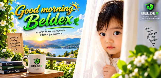 A Beldex advertisement featuring a young girl by a window, with text reading 'Good morning Beldex' and 'A safer. Fairer. More private Internet for everyone.'