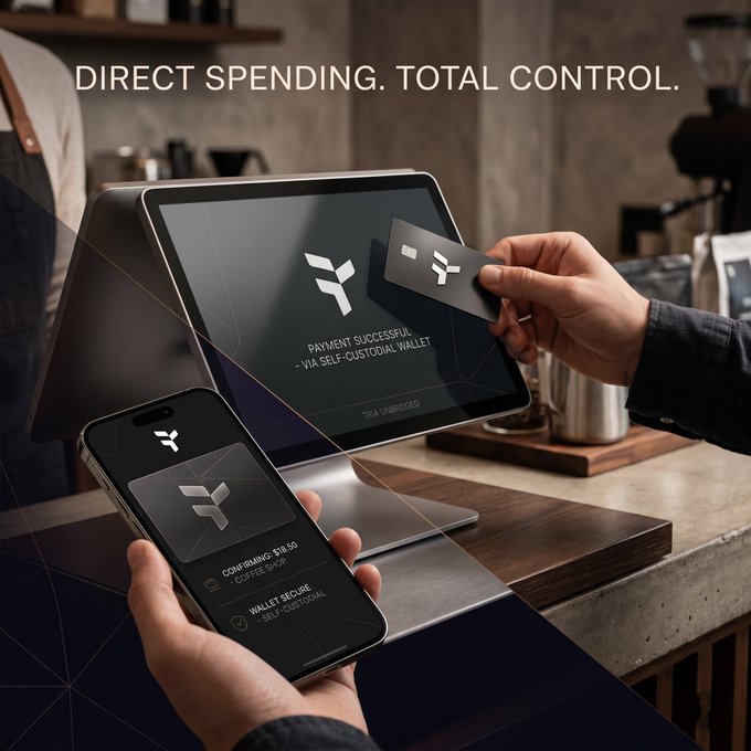urns of coffee and a wooden countertop with a coffee machine are visible, accompanied by two hands holding a phone displaying the "Direct Spending" app.