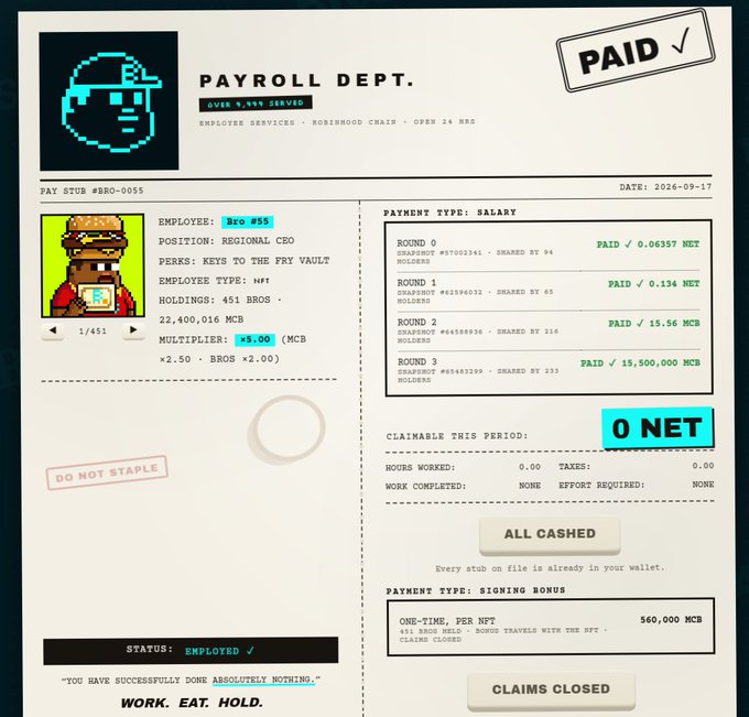 A digital pay stub document titled 'PAYROLL DEPT.' shows an employee named 'Bro #55' holding 451 BROS, with payment details and a '0 NET' claimable amount marked 'PAID'.
