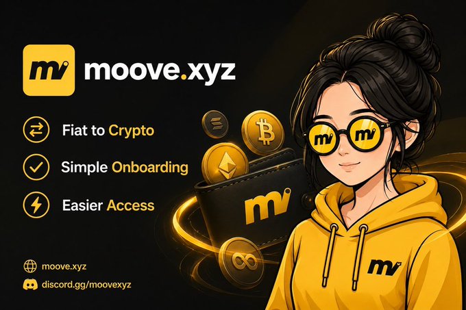 A promotional graphic for moove.xyz features an illustrated anime-style woman wearing yellow glasses and a yellow hoodie, alongside a wallet with floating cryptocurrency coins including Bitcoin and Ethereum. The ad highlights features like 'Fiat to Crypto', 'Simple Onboarding', and 'Easier Access'.