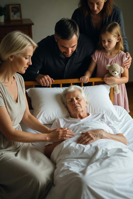 A family scene showing a woman holding the hand of an elderly woman lying in bed, with a man and a young girl holding a teddy bear standing beside the bed.