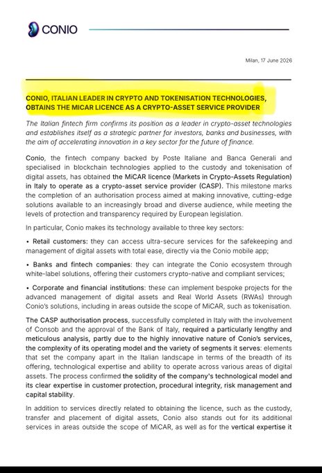 A press release from CONIO dated Milan, 17 June 2026, with a highlighted headline announcing that Conio has obtained the MICAR licence as a crypto-asset service provider in Italy.