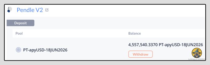The image shows a Pendle V2 deposit interface displaying a balance of 4,557,540.3370 PT-apyUSD-18JUN2026 in the pool with options to deposit or withdraw. This visually confirms the post's claim that a whale who once held 28 million PT-ApyUSD has been aggressively selling down their position to just 4.5 million remaining over the past month.