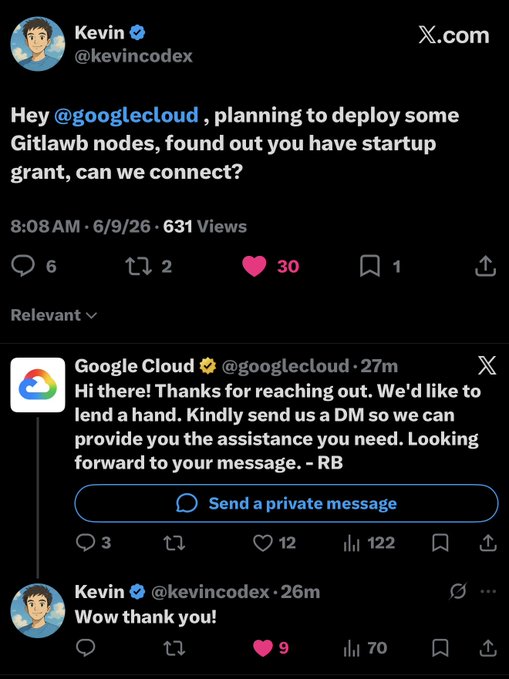 The image shows a Twitter post with two different messages displayed, one of which is about Google Cloud Platform (GCP). One message reads "Hey Kevin! There are some GitLab nodes found out you have a startup grant, can we connect?" The other message says "Google Cloud! Planning to deploy some GitLab nodes. Found out you have a start-up grant, can we connect?". The post is about the use of GitLab for a project and how it relates to the idea of a start-up grant.