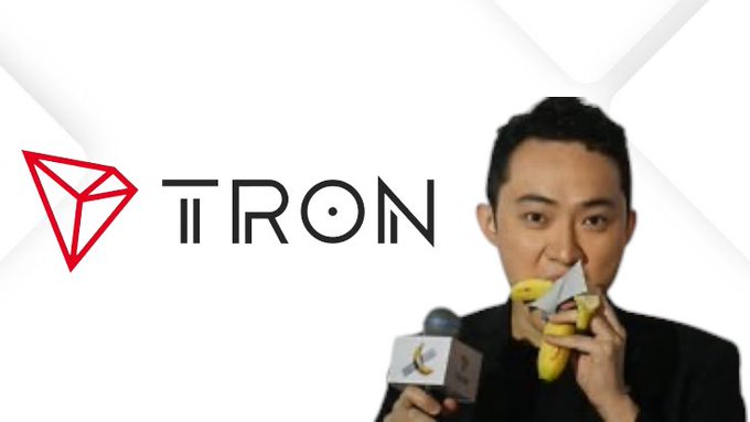 The red TRON cryptocurrency logo appears next to an image of Justin Sun (TRON's founder) eating a banana while holding a microphone, set against a white background.
