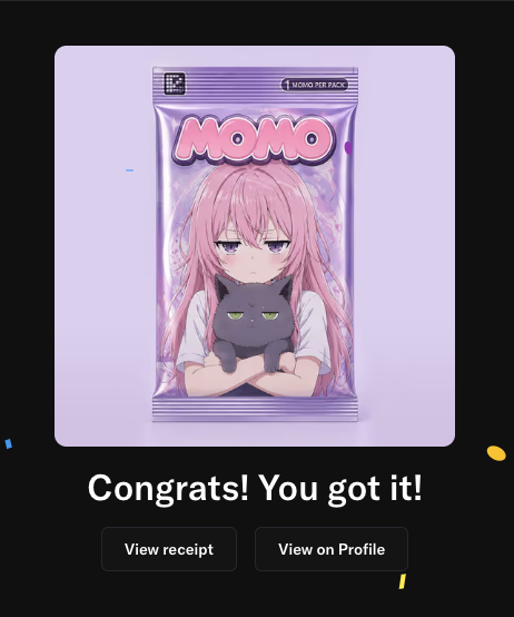 A digital trading card pack titled 'MOMO' featuring an anime girl with pink hair holding a black cat, displayed with the text 'Congrats! You got it!' and buttons for 'View receipt' and 'View on Profile'.
