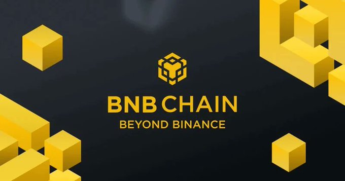 BNB Chain promotional graphic with the tagline 'BEYOND BINANCE' displayed against a dark background with yellow 3D cube elements.
