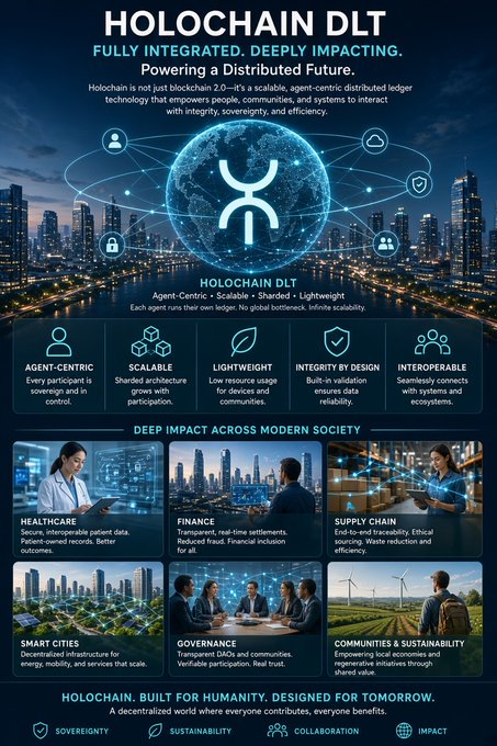 A promotional infographic for 'HOLOCHAIN DLT' describing it as a 'Fully Integrated, Deeply Impacting' and 'Agent-Centric, Scalable, Sharded, Lightweight' decentralized infrastructure for healthcare, finance, supply chain, smart cities, governance, and communities.