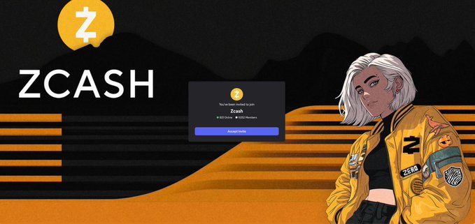 A Zcash promotional image featuring the orange Z logo, the word "ZCASH," and an anime-style character with white hair wearing a yellow Zcash jacket, alongside a login prompt window.