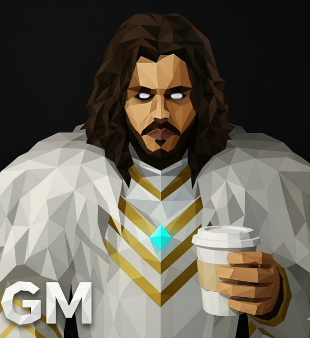 A low-poly digital artwork of a bearded man with glowing white eyes holding a coffee cup, with the letters "GM" in the bottom left corner.