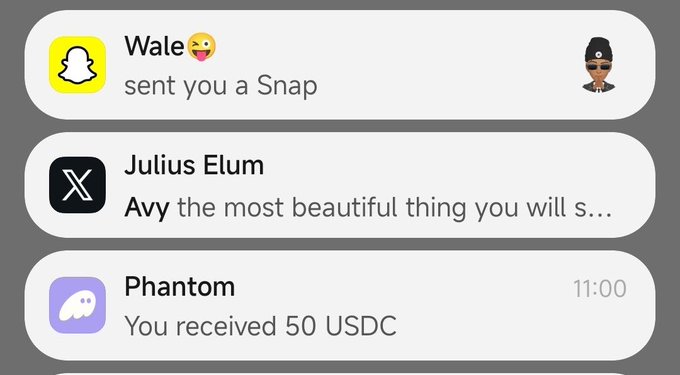 A smartphone notification screen showing three alerts: a Snapchat from 'Wale' with a tongue-out emoji, a tweet from 'Julius Elum' reading 'Avy the most beautiful thing you will s...', and a Phantom wallet notification stating 'You received 50 USDC' at 11:00.