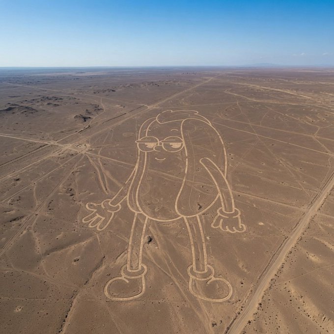 An aerial view reveals a massive geoglyph etched into the Peruvian desert, depicting a cartoonish figure with sunglasses, long hair, and sneakers—appearing as a whimsical "sign" in the barren landscape. The image playfully embodies the post's message of searching for and finding signs in unexpected places, suggesting that belief might just lead you to a giant desert doodle reminding you to "stay cool."