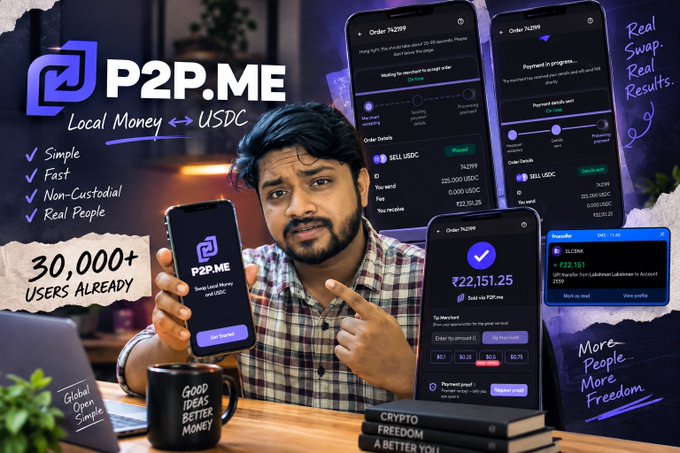 An advertisement for 'P2P.ME' showing a man holding a phone displaying the app, with promotional text 'Local Money ↔ USDC', '30,000+ USERS ALREADY', and screenshots of the interface for swapping local currency to USDC.