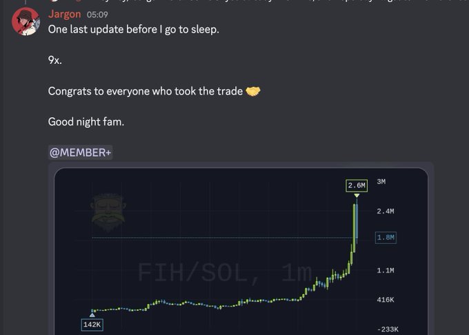 A Discord message from "Jargon" posted at 05:09 celebrates a successful trade with a chart showing FIH/SOL reaching 2.6M (up from 142K), visually supporting the boast of an easy and profitable trade before signing off for the night.