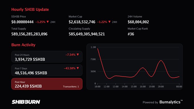 A 'Hourly SHIB Update' dashboard by SHIBBURN displays $SHIB price at $0.00000444, market cap at $2,618,532,746, and burn activity metrics including 'Past Hour 224,439 $SHIB' alongside a line graph.