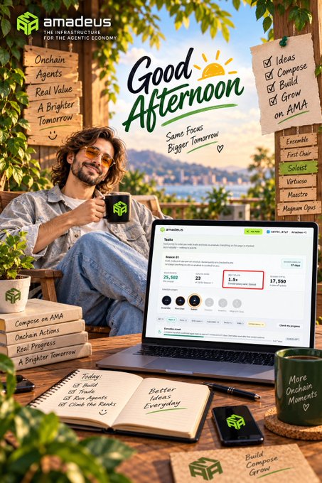 A promotional graphic for 'amadeus - THE INFRASTRUCTURE FOR THE AGENTIC ECONOMY' showing a man relaxing with coffee beside a laptop displaying the amadeus.io platform, with handwritten notes like 'Good Afternoon', 'Compose on AMA', and 'Build Compose Grow'.