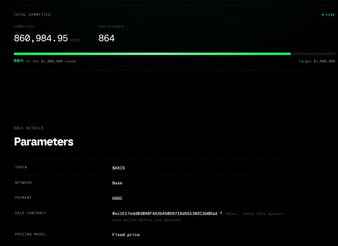 A cryptocurrency token sale dashboard showing 860,984.95 USDC committed by 864 participants, reaching 86% of a $1,000,000 target for the SAKIS token on the Base network with USDC payment and fixed price model.