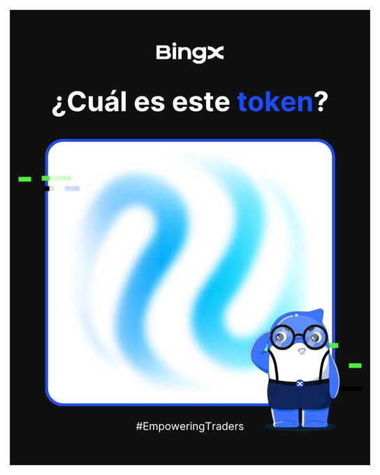 Black-and-blue BingX meme-style image asking “¿Cuál es este token?” with “#EmpoweringTraders” and a cartoon mascot in the lower-right corner.
