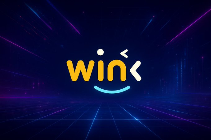 The image displays the "wink" logo (stylized in orange and white) set against a dark blue, neon-lit background with a glowing grid floor and diagonal light streaks, evoking a futuristic, digital aesthetic. It complements the post about WINkLink's VRF (Verifiable Random Function) technology by visually reinforcing the tech-forward, gaming-centric branding of this GameFi infrastructure project.