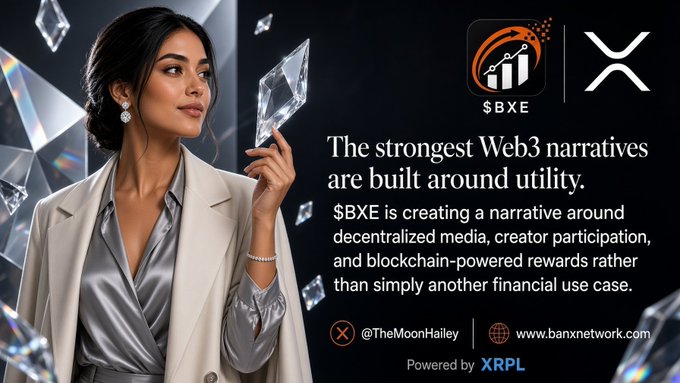 A promotional image for '$BXE' by @TheMoonHailey on XRP, stating 'The strongest Web3 narratives are built around utility' and highlighting decentralized media and blockchain-powered rewards, featuring a woman in a silver top and white blazer.