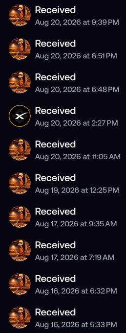 A transaction history showing multiple 'Received' entries dated August 16-20, 2026, with most transactions featuring an icon of a seated Buddha.