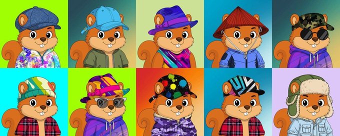 A 2x5 grid of cartoon squirrels wearing various hats (caps, beanies, helmets) and colorful clothing against vibrant backgrounds.