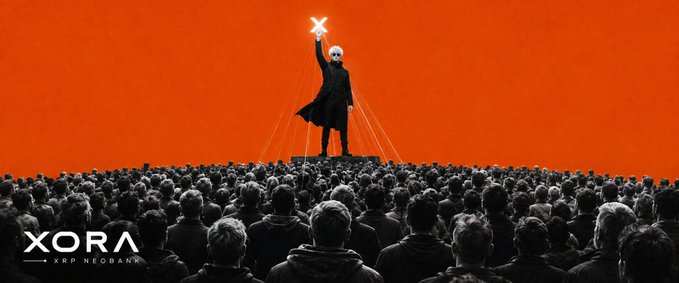 The image depicts a hooded figure standing on a platform above a crowd, holding up an "X" symbol while connected by lines to the audience below, with a bold orange background. The text "XORA" and "XRP NEOBANK" appears in the lower left corner, visually reinforcing the post's message by presenting XORA as a central, guiding force that could transform how people engage with XRP—moving beyond speculative holding toward a more structured, bank-like experience.