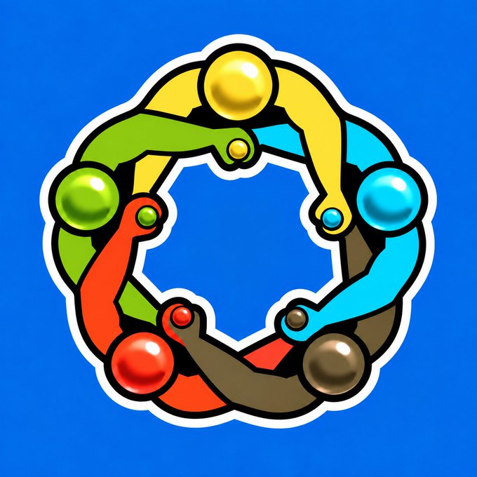 A colorful circular emblem features stylized human figures in yellow, green, blue, red, and brown holding hands around a central empty space against a blue background.