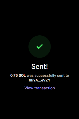 A confirmation screen displaying a successful transaction of 0.75 SOL sent to the wallet address "6kYA....eVZY" with a "View transaction" link, shown as a green checkmark confirmation that likely corresponds to the giveaway mentioned in the post.