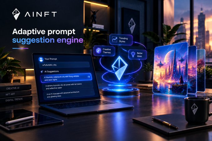 A promotional graphic for 'AINFT' showcasing an 'Adaptive prompt suggestion engine' with features like 'Trending Styles,' 'Creative Themes,' and 'Better Ideas' displayed around a central glowing diamond icon on a futuristic desk setup.