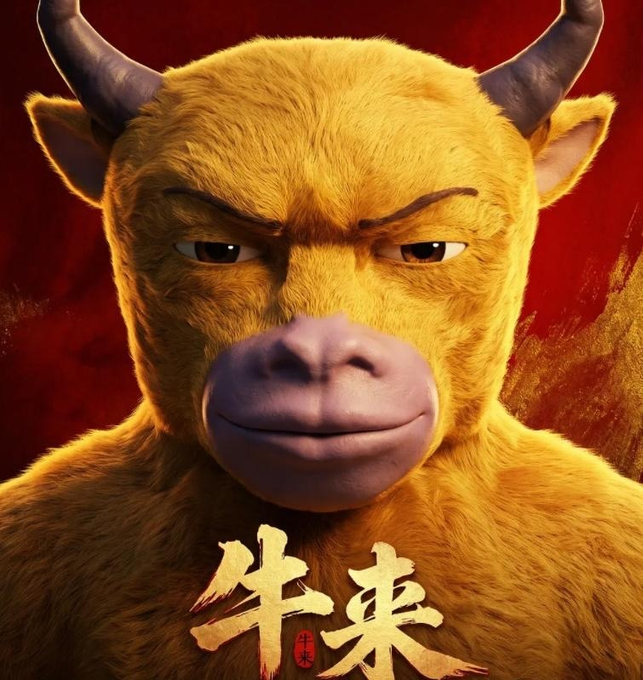 A 3D-rendered stylized portrait of a yellow bull with horns and a smug expression against a red background, with Chinese characters '牛来' (representing the Year of the Ox) at the bottom.