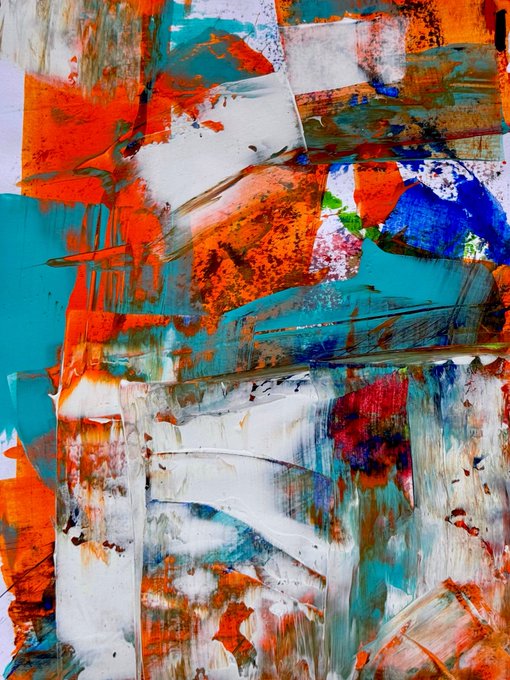 A vibrant abstract painting featuring bold strokes of orange, turquoise, blue, and white with textured, layered brushwork. The post advertises the titled piece "'They Were Right'" as a 12 x 9 inch framed original handpainted work, priced at 2 SOL reserve and available now via @mallowdotart.