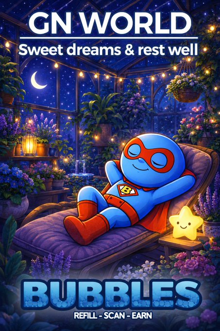 The image is a vibrant, nighttime-themed illustration of a blue superhero character wearing a red mask and cape with a "B" emblem, peacefully resting on a purple chaise lounge inside a glowing greenhouse filled with starry skies, flowers, and string lights, accompanied by a small smiling star. The text reads "GN WORLD - Sweet dreams & rest well" at the top and "BUBBLES - REFILL - SCAN - EARN" at the bottom, tying into the post's message about a "GN (Good Night) Refill" reminder for Friday VOT3 participation in @vebetterdao.