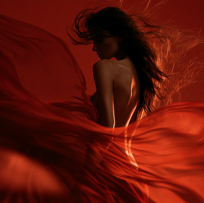An artistic silhouette of a woman with flowing dark hair, viewed from behind, surrounded by billowing red fabric against a deep red background.