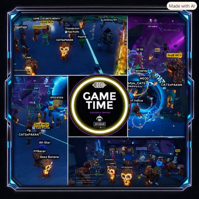 A promotional graphic featuring a central circular 'GAME TIME' logo surrounded by four screenshots of a multiplayer game with player tags like 'JayB MCV', 'Dinopawnz', and 'CATSxPAXAN' visible.