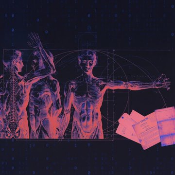 This image is a stylized, artistic representation of human anatomy and schematics, overlaid with binary code and mock documents. It visually complements the accompanying text about the significant crypto hacks in early 2026, suggesting a disruption or exploitation of complex systems.