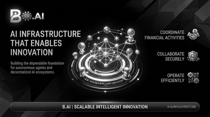 A black promotional graphic for B.AI titled 'AI INFRASTRUCTURE THAT ENABLES INNOVATION' featuring a futuristic circular design with nodes and icons, listing benefits like 'COORDINATE FINANCIAL ACTIVITIES', 'COLLABORATE SECURELY', and 'OPERATE EFFICIENTLY'.
