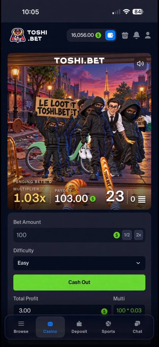 A smartphone screenshot of the “TOSHI.BET” casino game shows five illustrated thieves standing against a Paris street backdrop, with a sign reading “LE LOOT DE TOSHI.BET.” The game displays a 1.03x multiplier, 103.00 payout, 23 seconds remaining, a bet amount of 100, and a green “Cash Out” button; it illustrates the post’s claim about picking “Le Loot” to win 1 SOL.