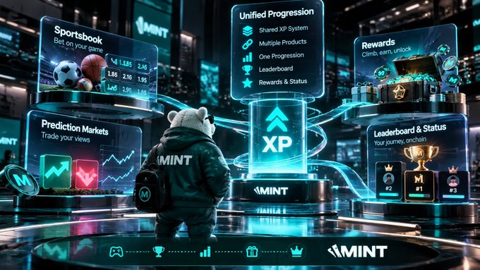 A futuristic digital illustration showing a bear mascot viewing a holographic dashboard for "MINT" featuring Sportsbook, Prediction Markets, Unified Progression, Rewards, and Leaderboard & Status panels.