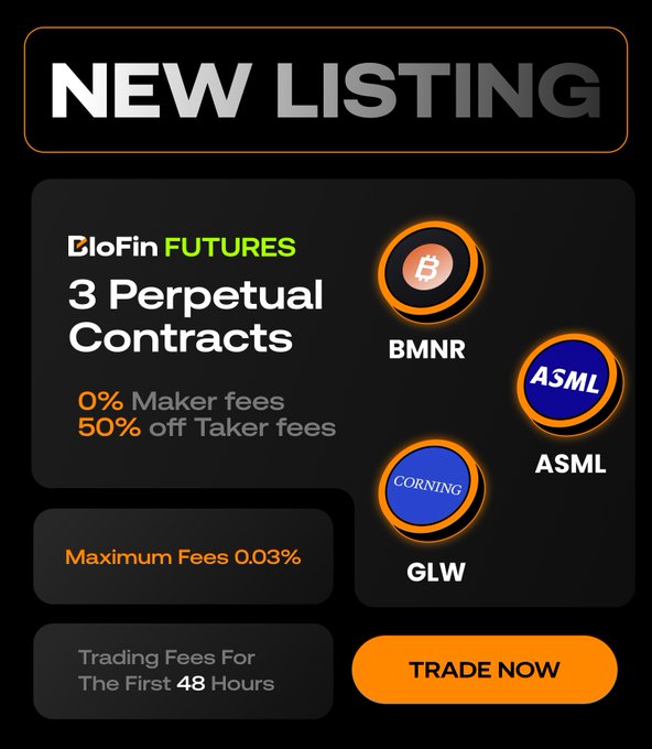 The image appears to be a screenshot or representation of an advertisement, possibly from a trading platform for cryptocurrencies such as Bitcoin Futures. The text on the screen lists three distinct options related to Cryptocurrency Trading - BMNR, ASML, and GLW. Each option has associated fees that users must consider before making their decision. In addition to the costs, there is information about trader fees in the form of bullet points or numbers. The image seems to be well-organized with clear labels for each item listed as either a contract or a listing feature on the platform's website. This helps viewers understand which options are available and how they can take advantage of them.