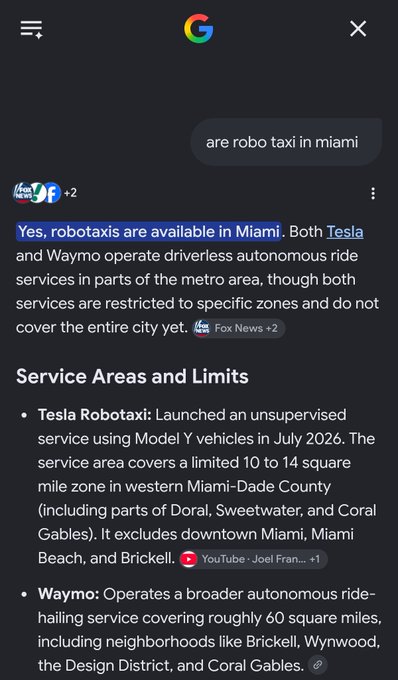 Google News search results displaying that robotaxis are available in Miami via Tesla and Waymo, with details on service areas such as Tesla's 10-14 square mile zone in western Miami-Dade County (covering Doral, Sweetwater, and Coral Gables) and Waymo's broader 60 square mile coverage including Brickell, Wynwood, and the Design District.